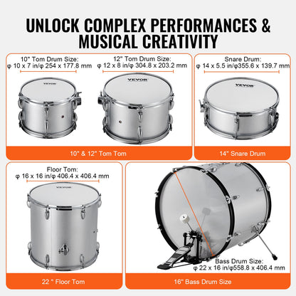 VEVOR Adult Drum Set, 5-Piece, 558.8 mm Complete Full Size Drum Kit with Bass Toms