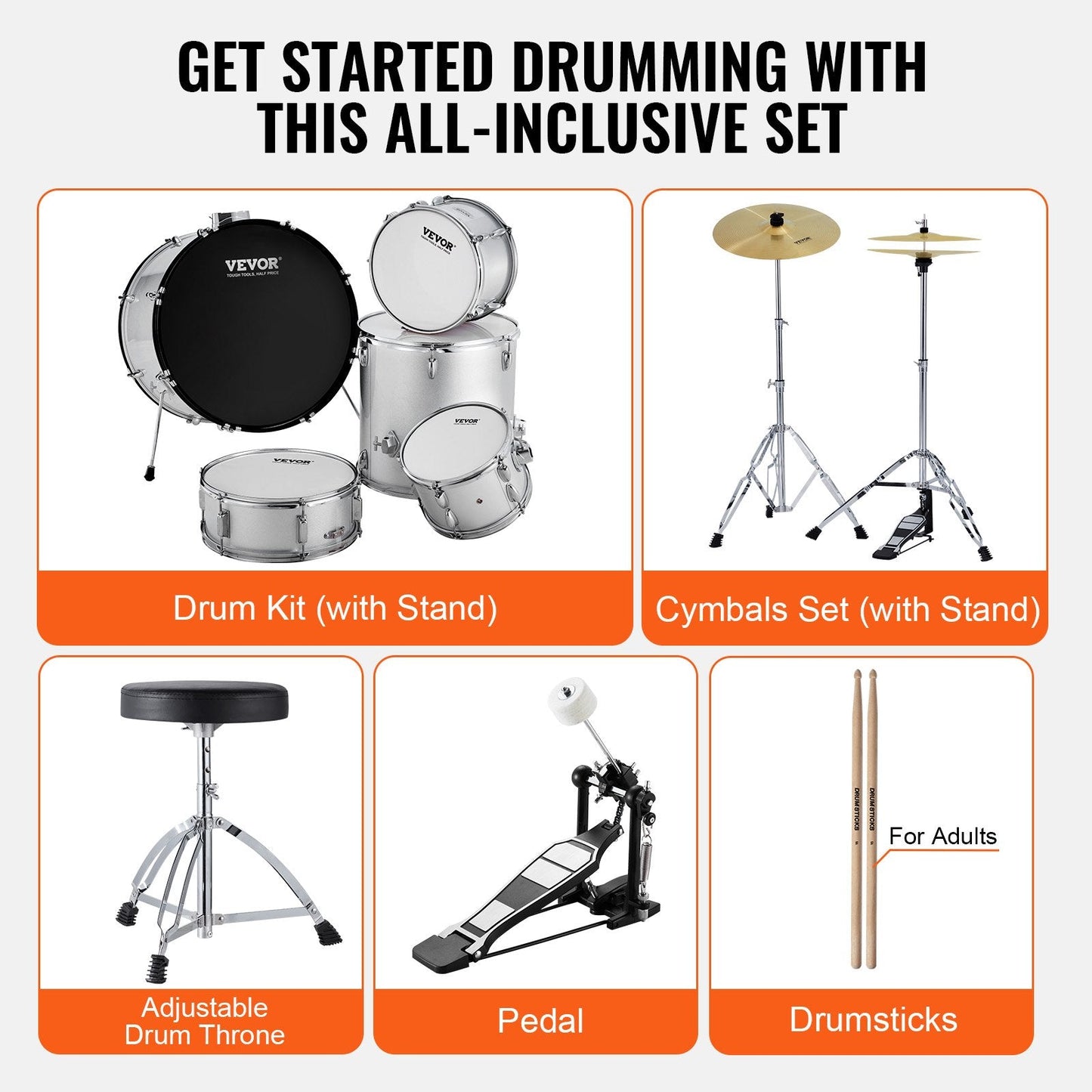 5-Piece Silver Adult Drum Kit, 0.56m Bass, Snare, and Cymbals, Beginner Friendly