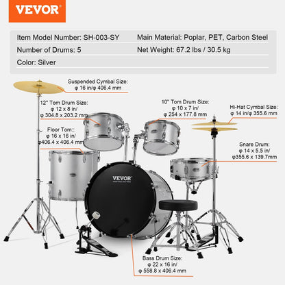 5-Piece Silver Adult Drum Kit, 0.56m Bass, Snare, and Cymbals, Beginner Friendly