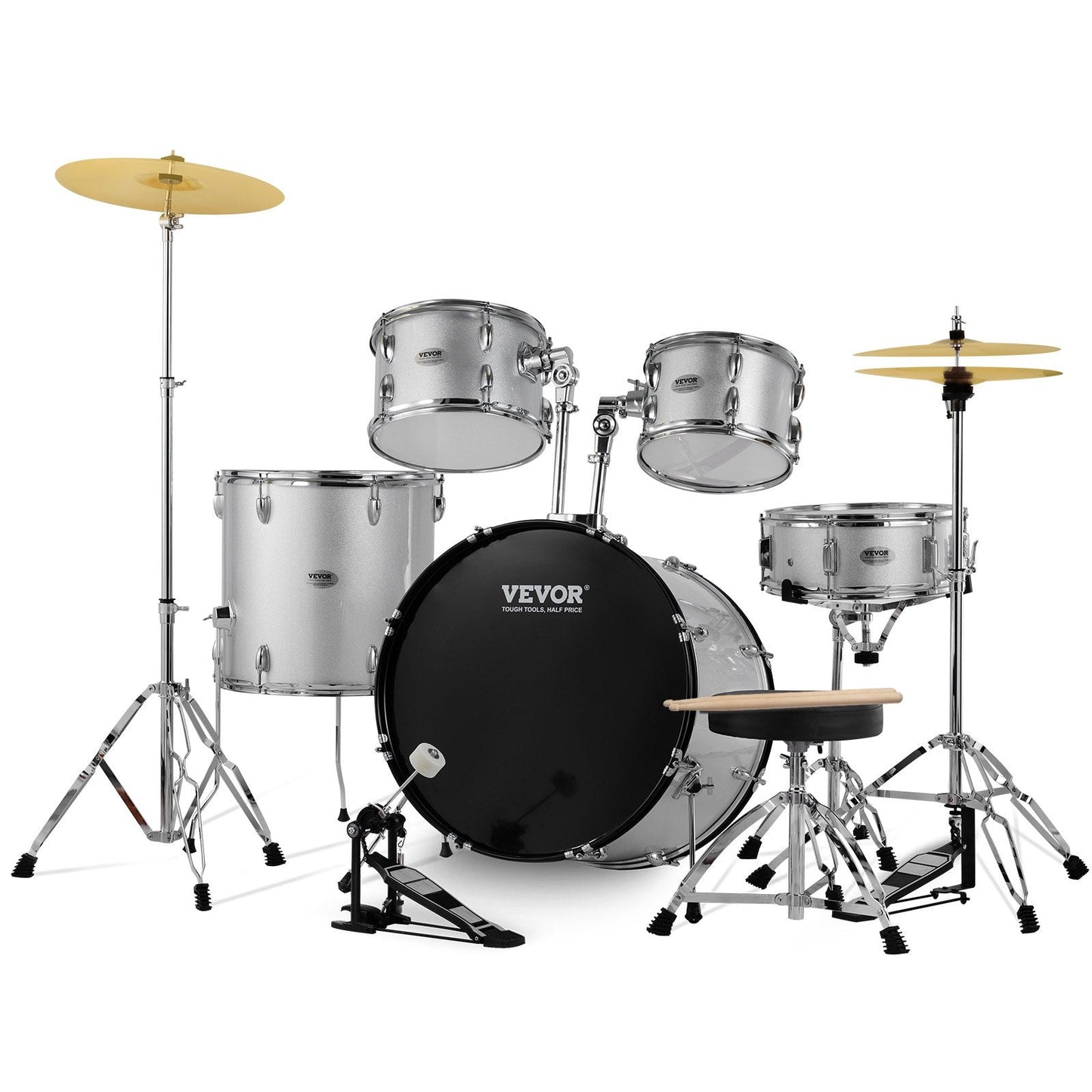 5-Piece Silver Adult Drum Kit, 0.56m Bass, Snare, and Cymbals, Beginner Friendly