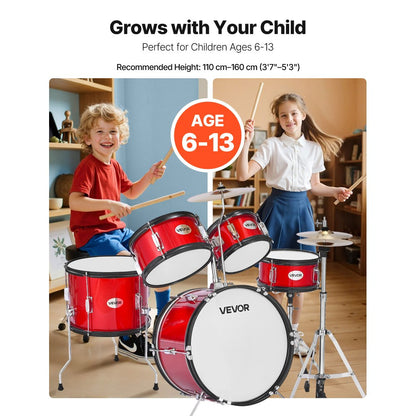 VEVOR Kids Drum Set 5-Piece Beginner Drum Kit with 406.4 mm Bass Drum (Red)