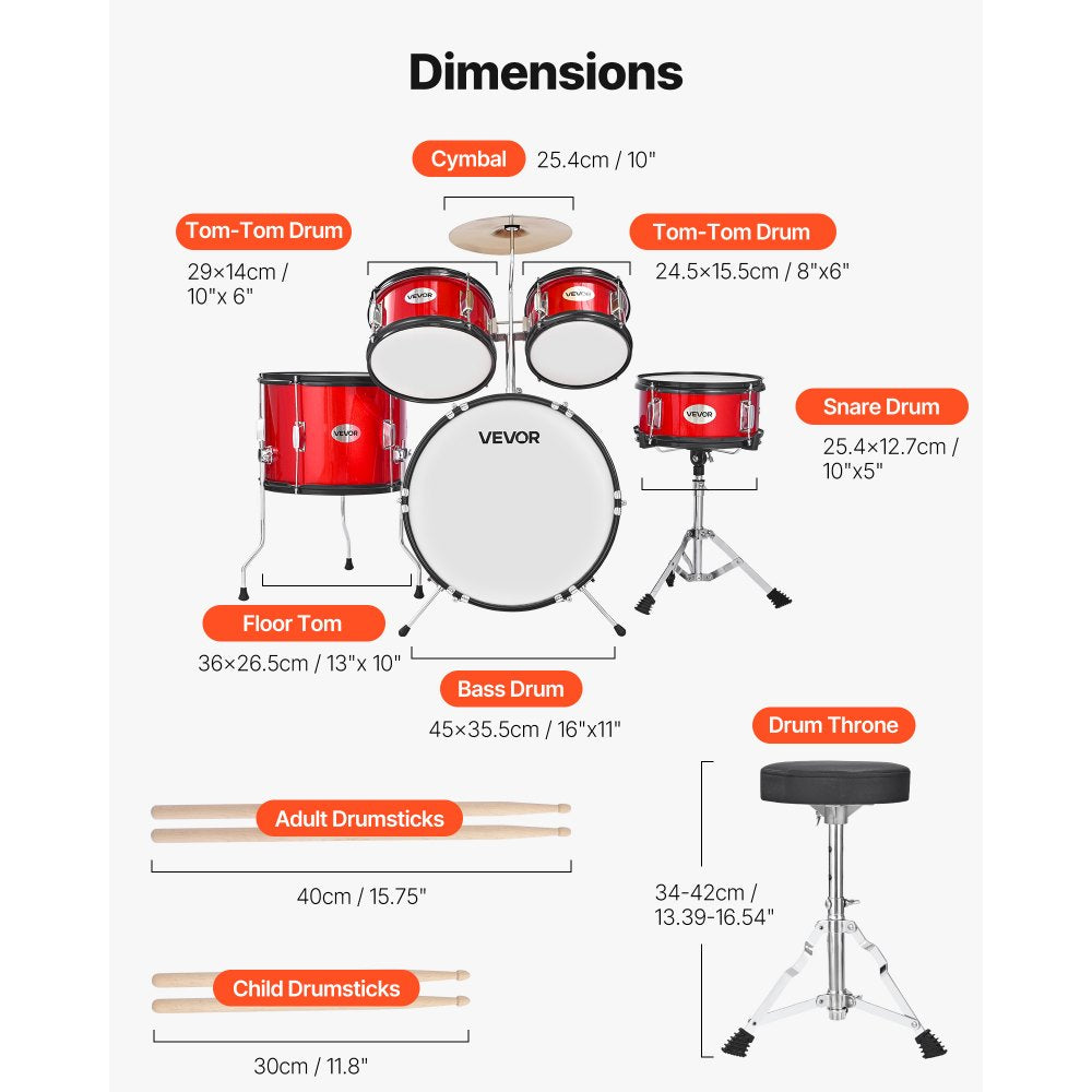 VEVOR Kids Drum Set 5-Piece Beginner Drum Kit with 406.4 mm Bass Drum (Red)