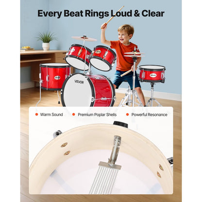 VEVOR Kids Drum Set 5-Piece Beginner Drum Kit with 406.4 mm Bass Drum (Red)