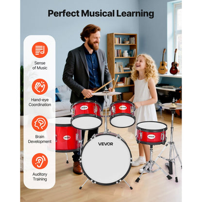 VEVOR Kids Drum Set 5-Piece Beginner Drum Kit with 406.4 mm Bass Drum (Red)