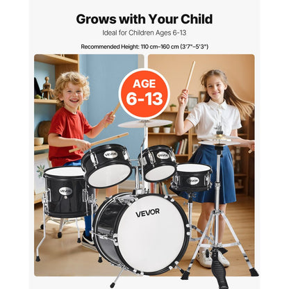 VEVOR Kids Drum Set 5-Piece Beginner Drum Kit with 355.6 mm Bass Drum(Black)