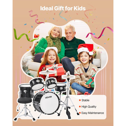 VEVOR Kids Drum Set 5-Piece Beginner Drum Kit with 355.6 mm Bass Drum(Black)