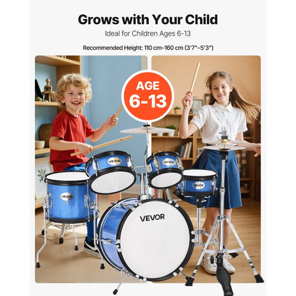 VEVOR Kids Drum Set 5-Piece Beginner Drum Kit with 355.6 mm Bass Drum (Blue)