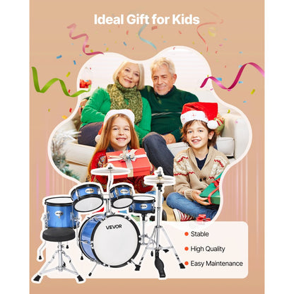 VEVOR Kids Drum Set 5-Piece Beginner Drum Kit with 355.6 mm Bass Drum (Blue)