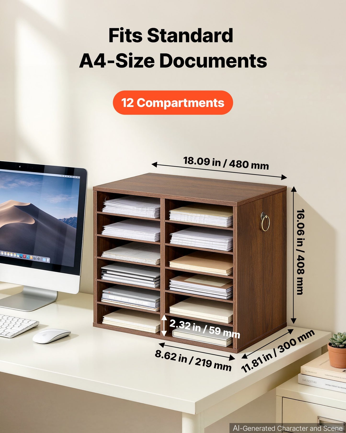Wood Literature Organizer 12 Compartments Office Mailboxes Brown, Countertop Literature Sorter for Files Documents Papers, with Adjustable Shelves, for Office, Home, Classroom Organization