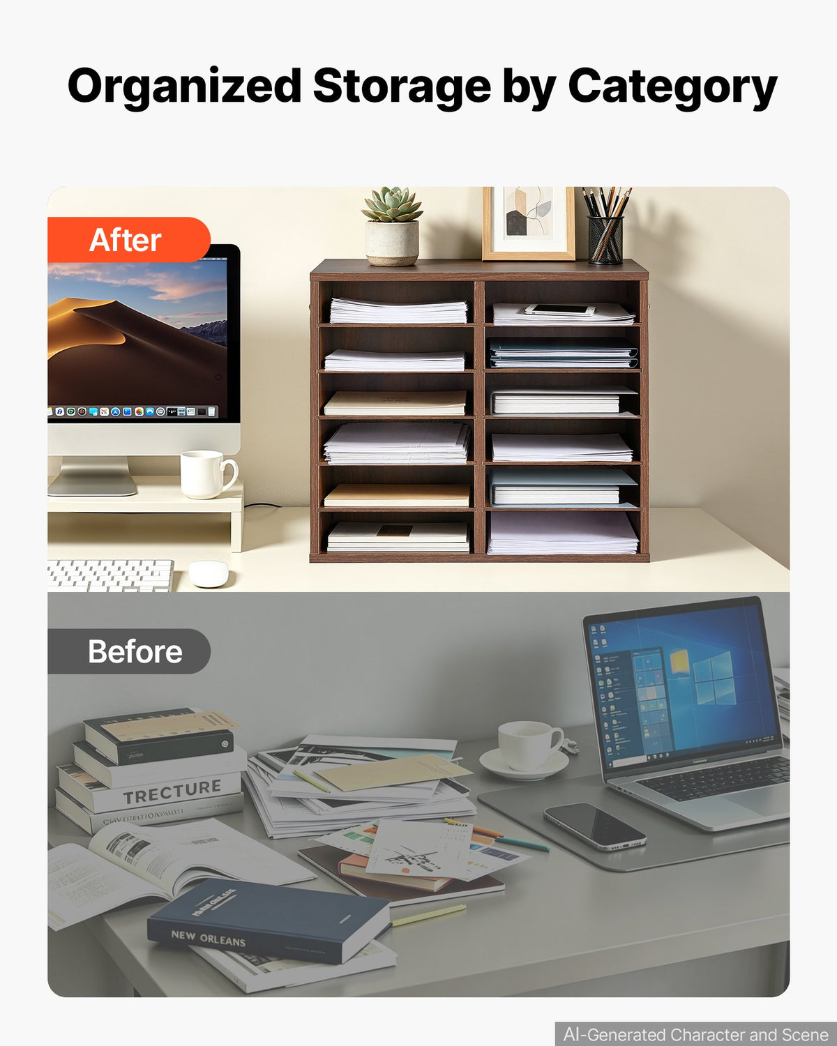 Wood Literature Organizer 12 Compartments Office Mailboxes Brown, Countertop Literature Sorter for Files Documents Papers, with Adjustable Shelves, for Office, Home, Classroom Organization