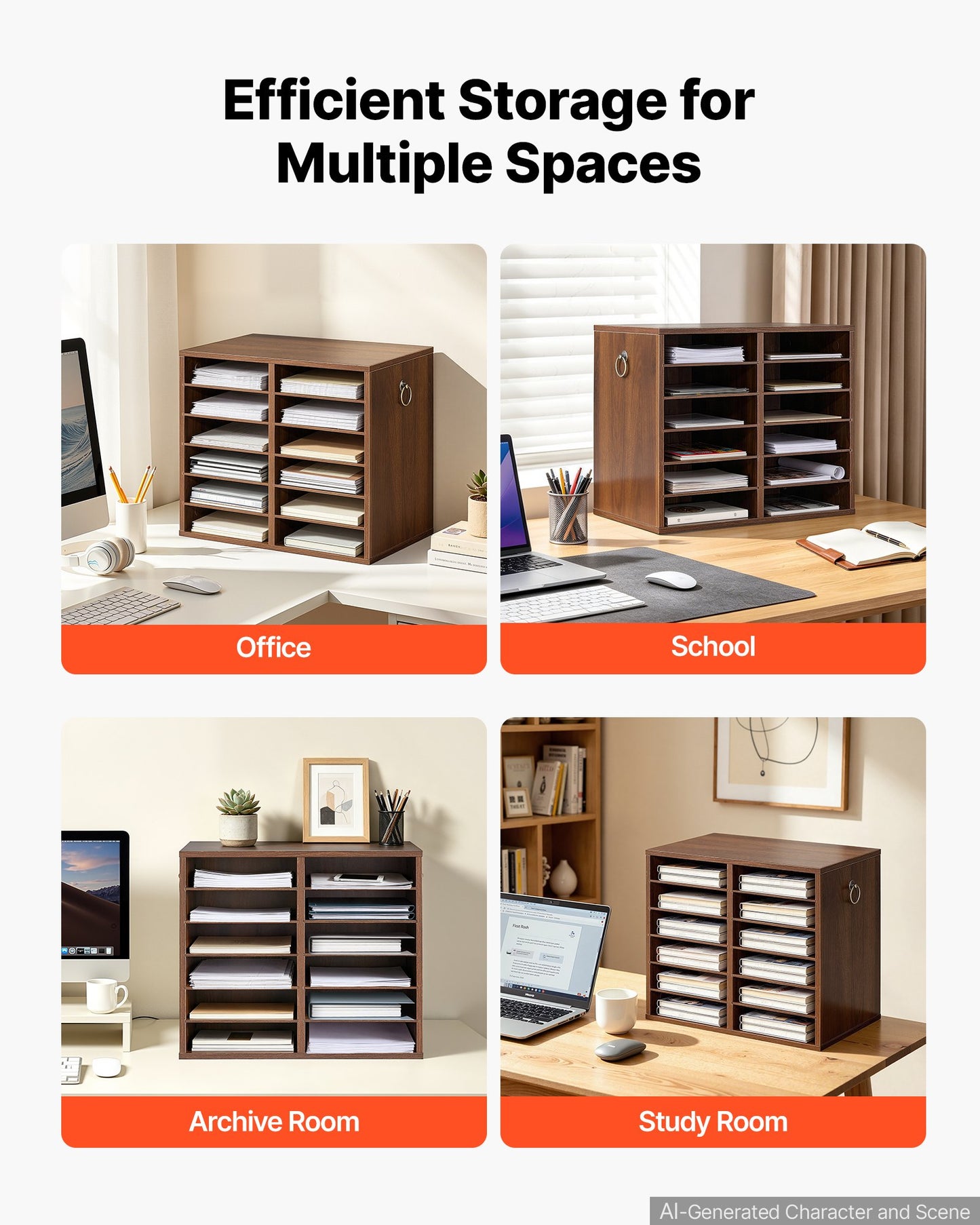 Wood Literature Organizer 12 Compartments Office Mailboxes Brown, Countertop Literature Sorter for Files Documents Papers, with Adjustable Shelves, for Office, Home, Classroom Organization