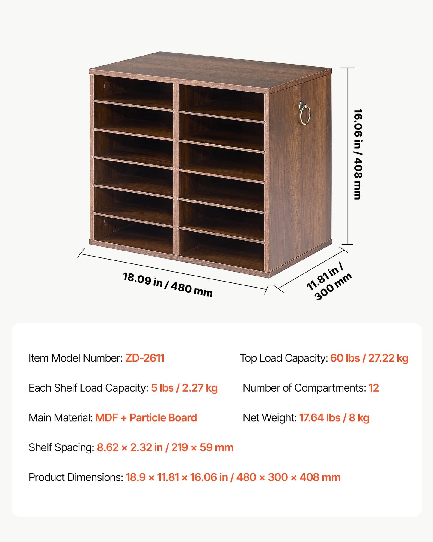 Wood Literature Organizer 12 Compartments Office Mailboxes Brown, Countertop Literature Sorter for Files Documents Papers, with Adjustable Shelves, for Office, Home, Classroom Organization