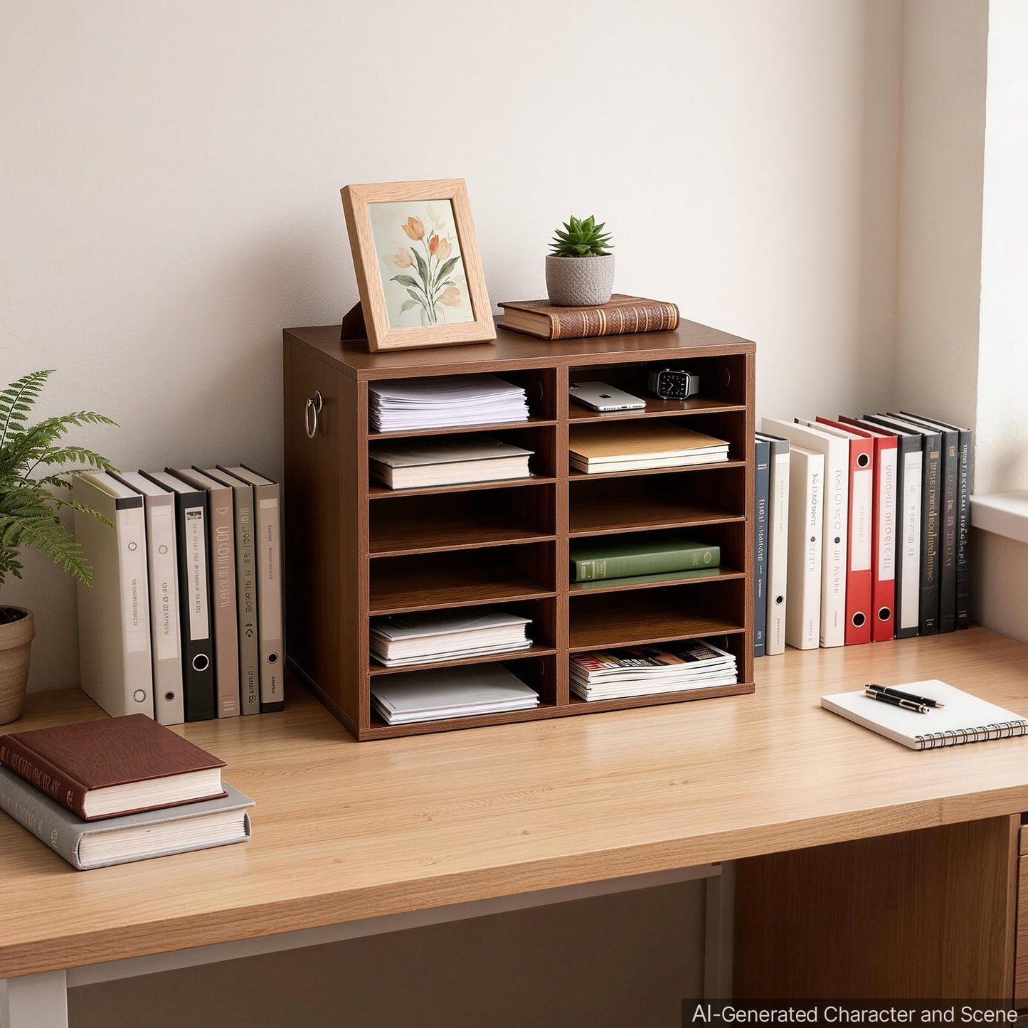Wood Literature Organizer 12 Compartments Office Mailboxes Brown, Countertop Literature Sorter for Files Documents Papers, with Adjustable Shelves, for Office, Home, Classroom Organization