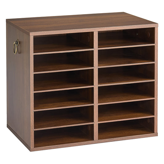 Wood Literature Organizer 12 Compartments Office Mailboxes Brown, Countertop Literature Sorter for Files Documents Papers, with Adjustable Shelves, for Office, Home, Classroom Organization