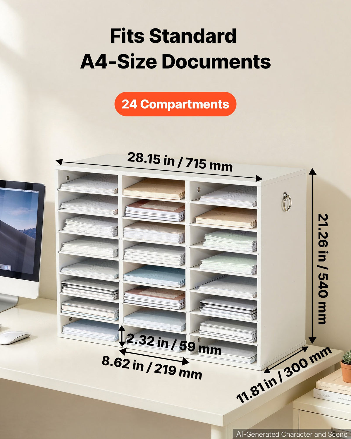 Wood Literature Organizer 24 Compartments Office Mailboxes White, Countertop Literature Sorter for Files Documents Papers, with Adjustable Shelves, for Office, Home, Classroom Organization