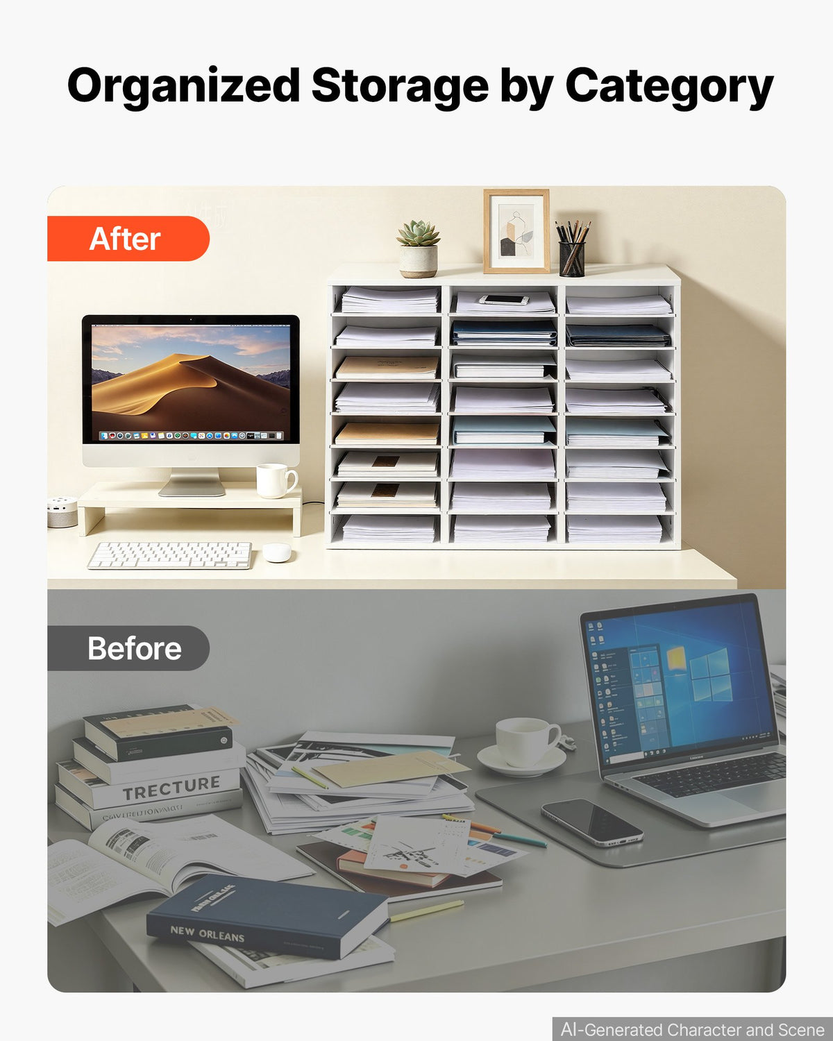 Wood Literature Organizer 24 Compartments Office Mailboxes White, Countertop Literature Sorter for Files Documents Papers, with Adjustable Shelves, for Office, Home, Classroom Organization