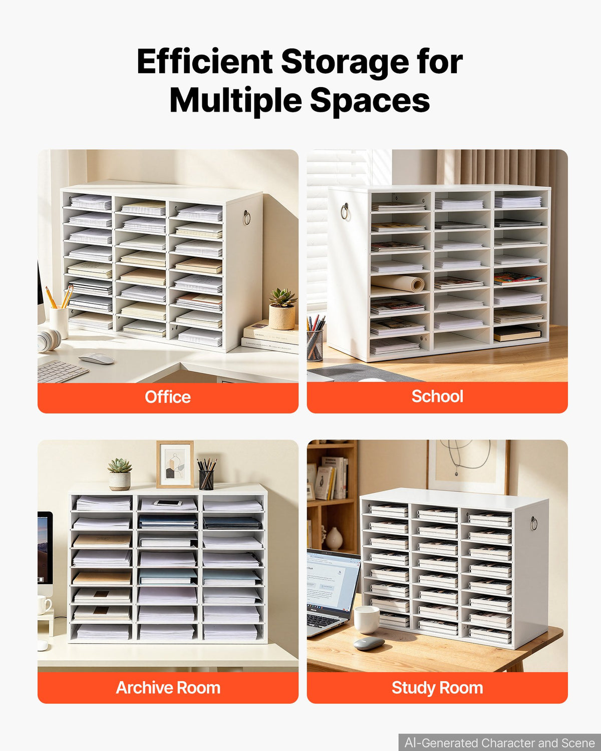 Wood Literature Organizer 24 Compartments Office Mailboxes White, Countertop Literature Sorter for Files Documents Papers, with Adjustable Shelves, for Office, Home, Classroom Organization