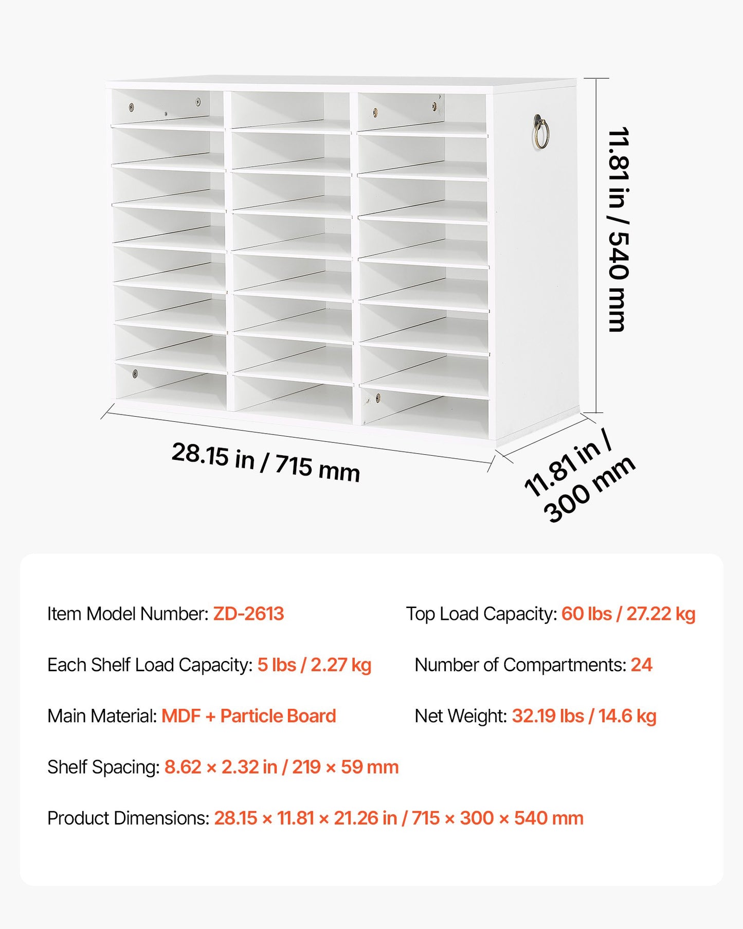 Wood Literature Organizer 24 Compartments Office Mailboxes White, Countertop Literature Sorter for Files Documents Papers, with Adjustable Shelves, for Office, Home, Classroom Organization