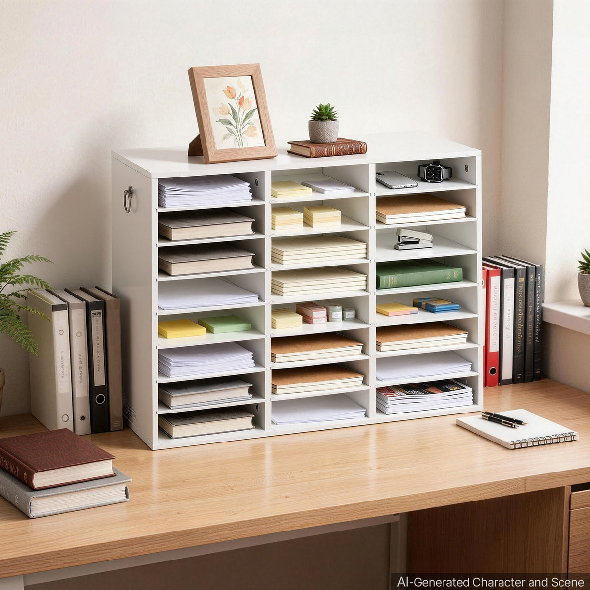 Wood Literature Organizer 24 Compartments Office Mailboxes White, Countertop Literature Sorter for Files Documents Papers, with Adjustable Shelves, for Office, Home, Classroom Organization