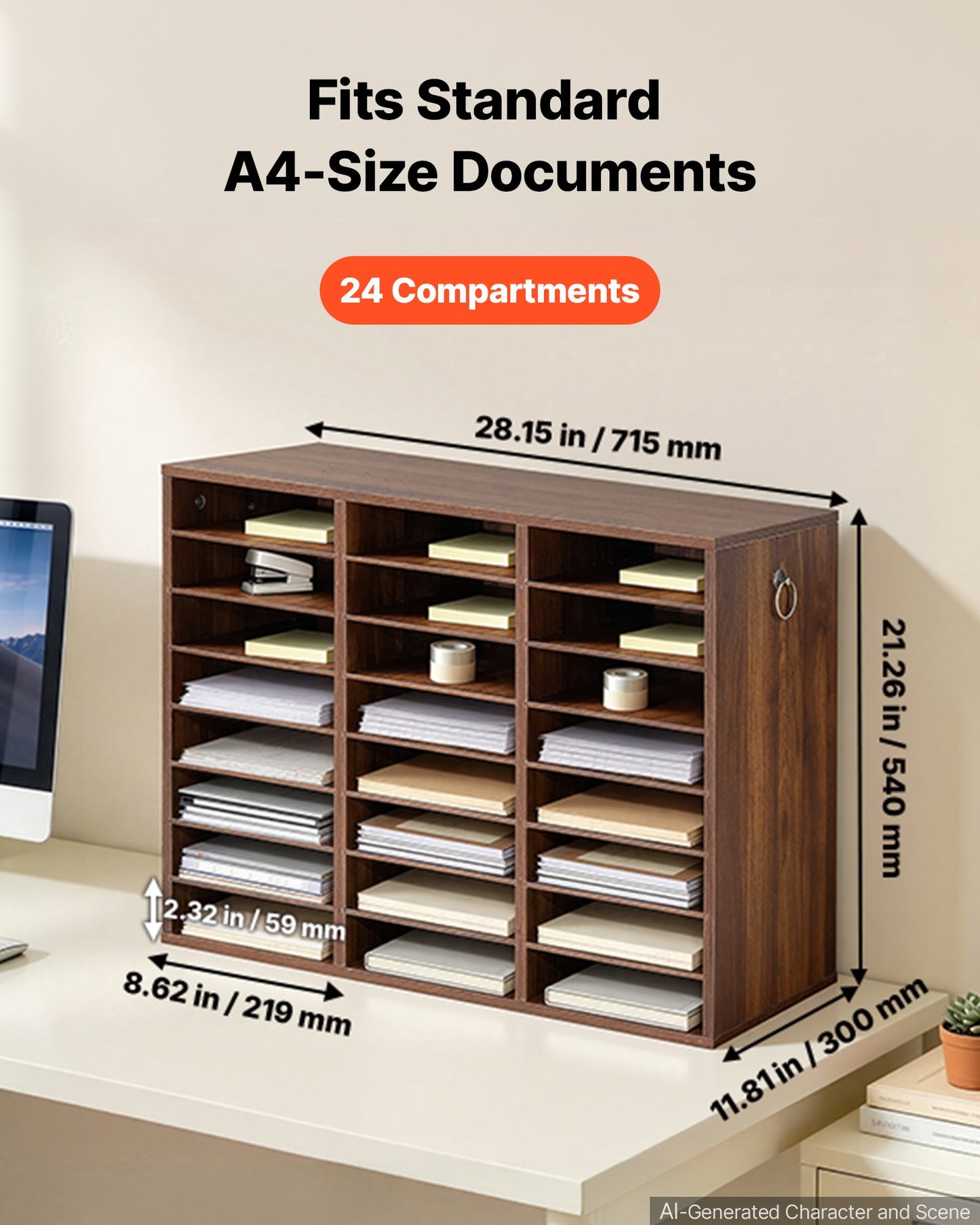 Wood Literature Organizer 24 Compartments Office Mailboxes Brown, Countertop Literature Sorter for Files Documents Papers, with Adjustable Shelves, for Office, Home, Classroom Organization