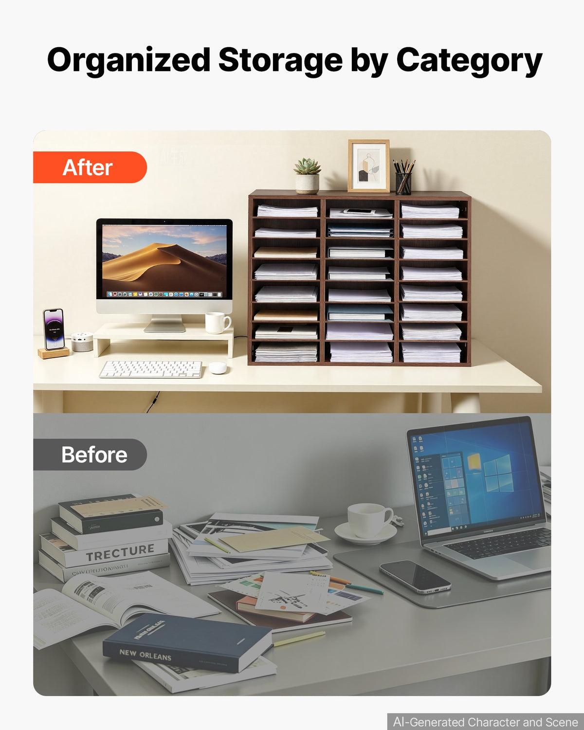 Wood Literature Organizer 24 Compartments Office Mailboxes Brown, Countertop Literature Sorter for Files Documents Papers, with Adjustable Shelves, for Office, Home, Classroom Organization