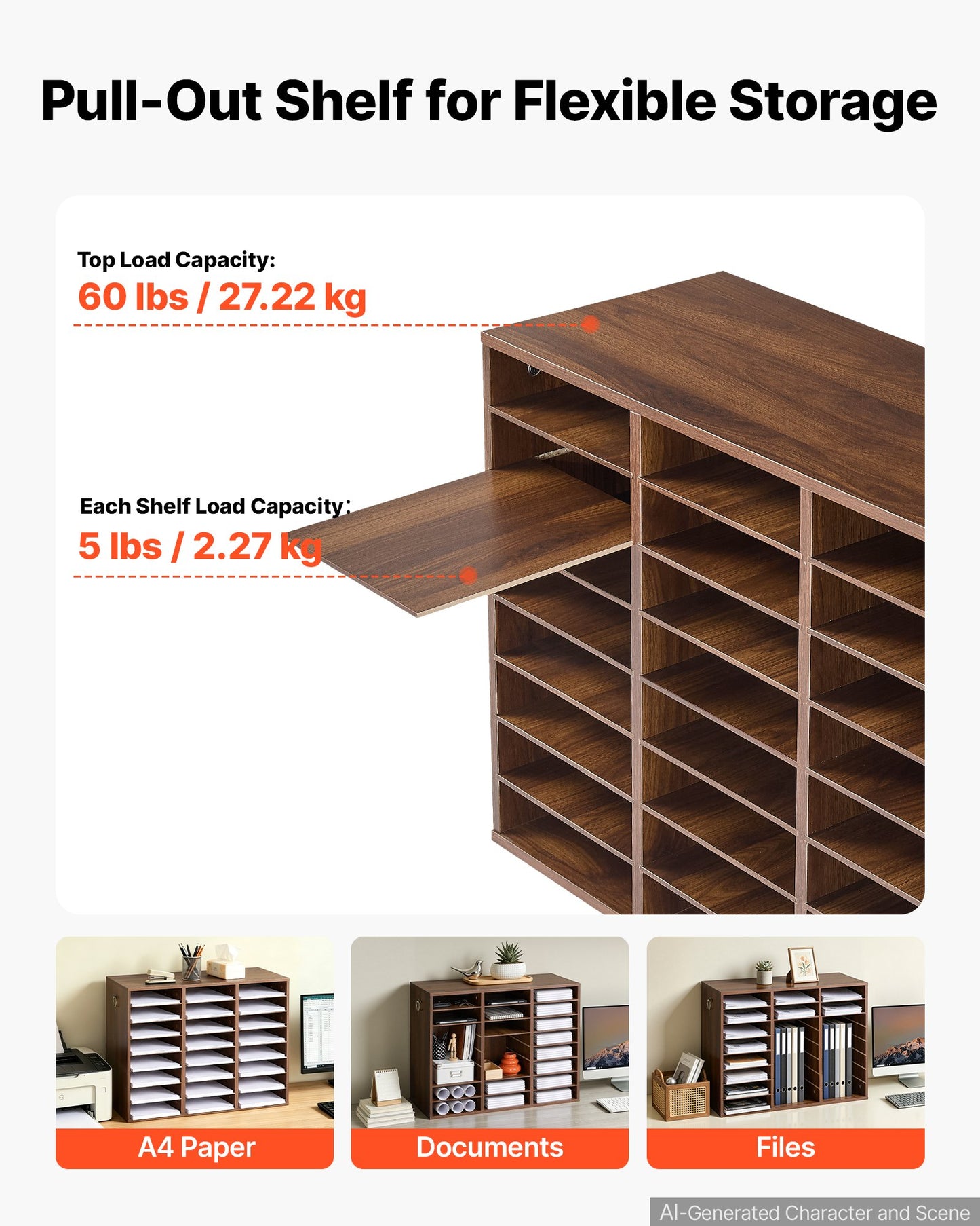 Wood Literature Organizer 24 Compartments Office Mailboxes Brown, Countertop Literature Sorter for Files Documents Papers, with Adjustable Shelves, for Office, Home, Classroom Organization