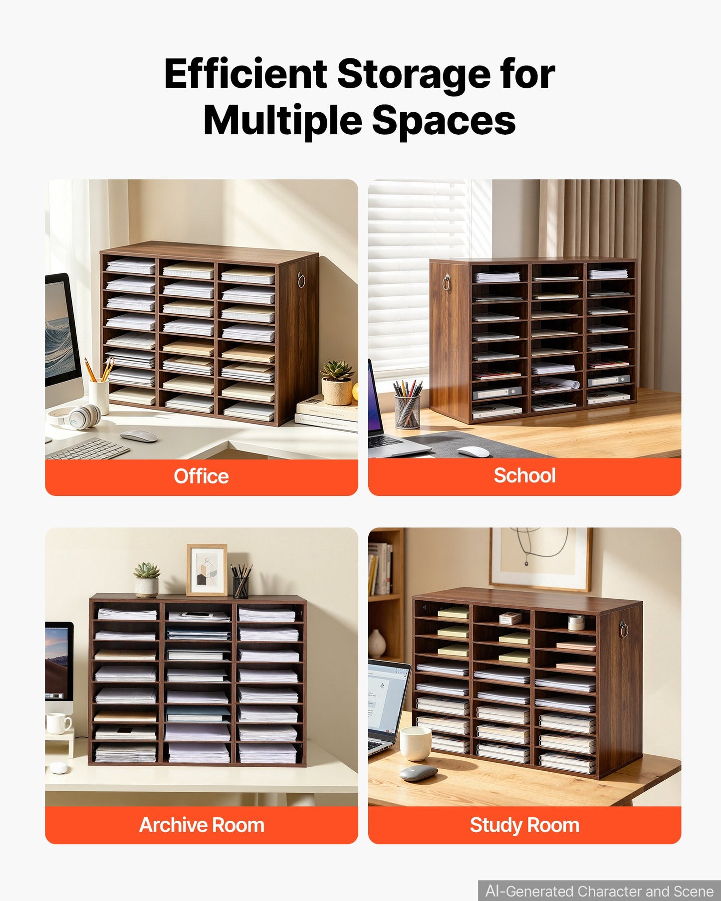 Wood Literature Organizer 24 Compartments Office Mailboxes Brown, Countertop Literature Sorter for Files Documents Papers, with Adjustable Shelves, for Office, Home, Classroom Organization