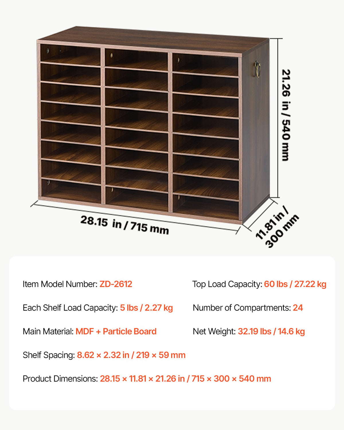 Wood Literature Organizer 24 Compartments Office Mailboxes Brown, Countertop Literature Sorter for Files Documents Papers, with Adjustable Shelves, for Office, Home, Classroom Organization
