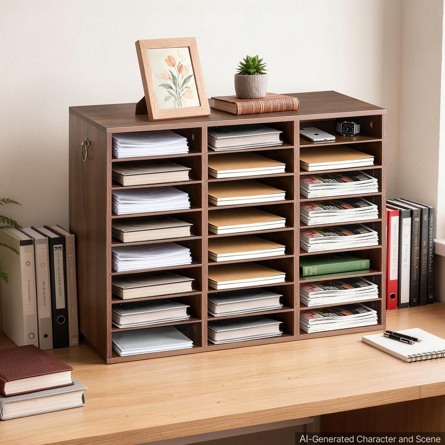 Wood Literature Organizer 24 Compartments Office Mailboxes Brown, Countertop Literature Sorter for Files Documents Papers, with Adjustable Shelves, for Office, Home, Classroom Organization