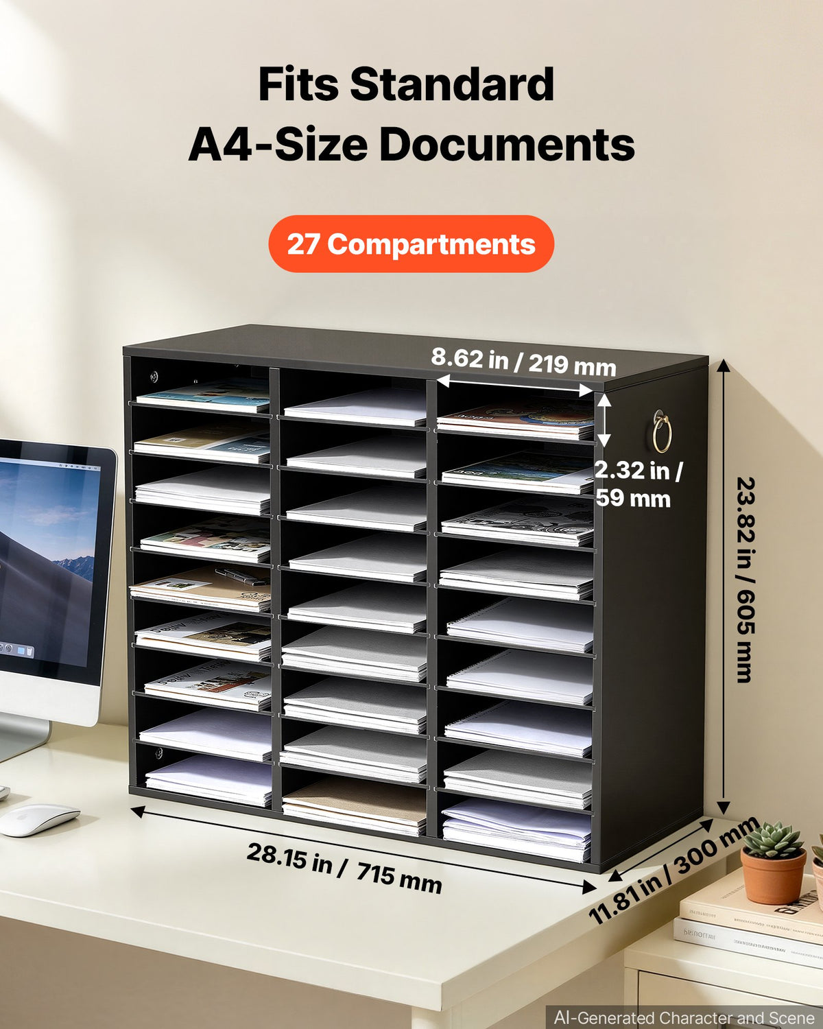 Wood Literature Organizer 27 Compartments Office Mailboxes Black, Countertop Literature Sorter for Files Documents Papers, with Adjustable Shelves, for Office, Home, Classroom Organization
