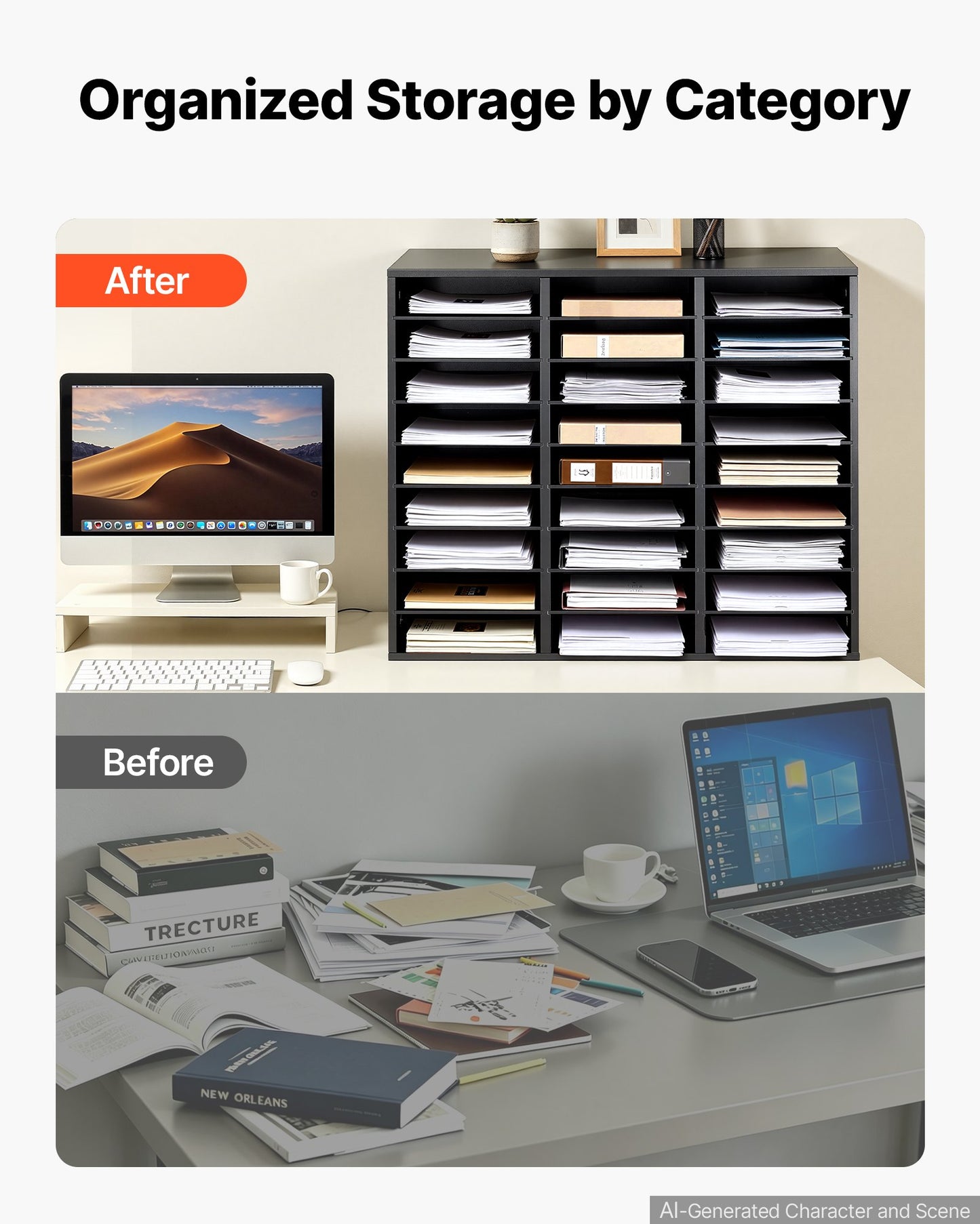 Wood Literature Organizer 27 Compartments Office Mailboxes Black, Countertop Literature Sorter for Files Documents Papers, with Adjustable Shelves, for Office, Home, Classroom Organization
