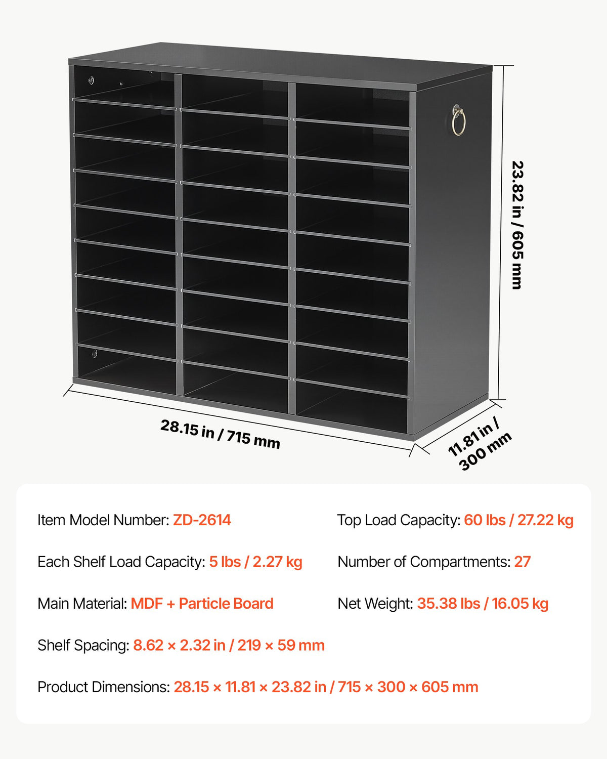 Wood Literature Organizer 27 Compartments Office Mailboxes Black, Countertop Literature Sorter for Files Documents Papers, with Adjustable Shelves, for Office, Home, Classroom Organization
