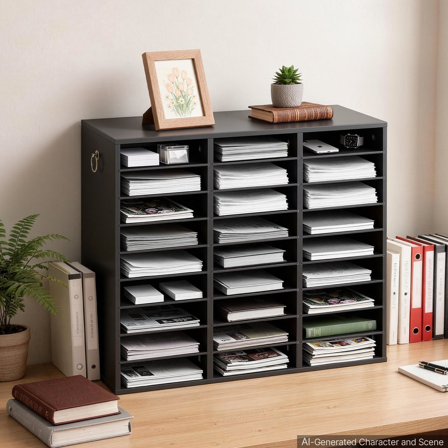 Wood Literature Organizer 27 Compartments Office Mailboxes Black, Countertop Literature Sorter for Files Documents Papers, with Adjustable Shelves, for Office, Home, Classroom Organization