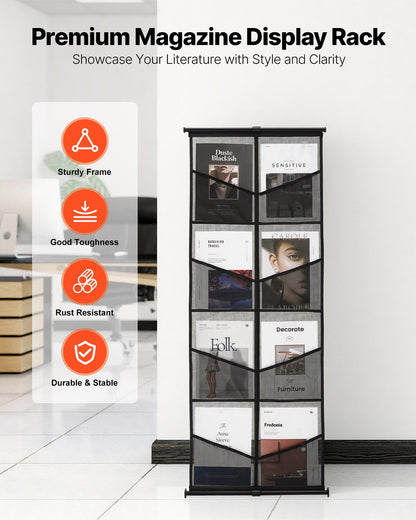 Brochure Display Stand, 4-Tier 8 Pockets Mesh Literature Display Holder, Floor Standing Magazine Newspaper Catalog Rack, Lightweight and Portable with Carrying Bag for Shop Exhibitions Office