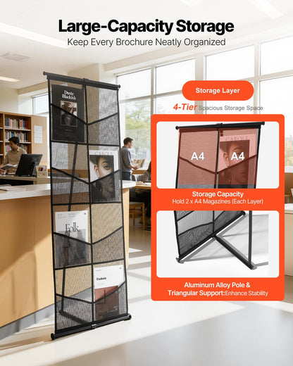 Brochure Display Stand, 4-Tier 8 Pockets Mesh Literature Display Holder, Floor Standing Magazine Newspaper Catalog Rack, Lightweight and Portable with Carrying Bag for Shop Exhibitions Office
