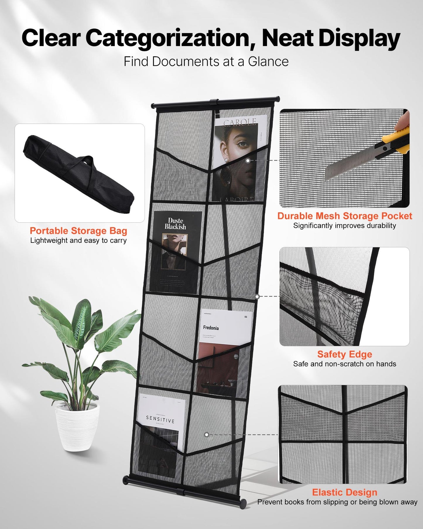 Brochure Display Stand, 4-Tier 8 Pockets Mesh Literature Display Holder, Floor Standing Magazine Newspaper Catalog Rack, Lightweight and Portable with Carrying Bag for Shop Exhibitions Office