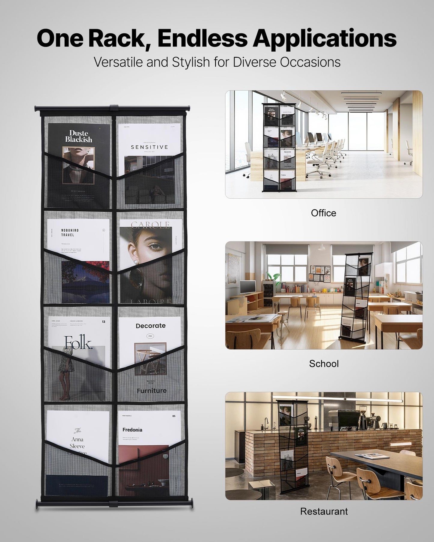 Brochure Display Stand, 4-Tier 8 Pockets Mesh Literature Display Holder, Floor Standing Magazine Newspaper Catalog Rack, Lightweight and Portable with Carrying Bag for Shop Exhibitions Office