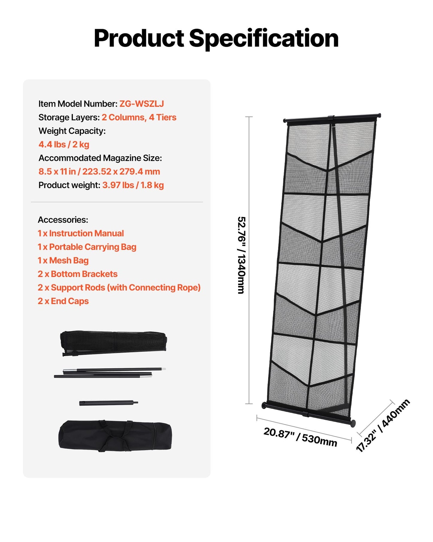 Brochure Display Stand, 4-Tier 8 Pockets Mesh Literature Display Holder, Floor Standing Magazine Newspaper Catalog Rack, Lightweight and Portable with Carrying Bag for Shop Exhibitions Office