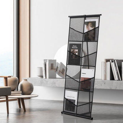 Brochure Display Stand, 4-Tier 8 Pockets Mesh Literature Display Holder, Floor Standing Magazine Newspaper Catalog Rack, Lightweight and Portable with Carrying Bag for Shop Exhibitions Office