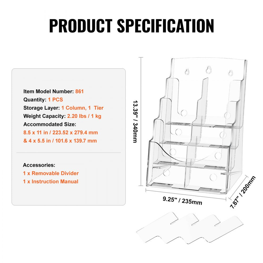 VEVOR Acrylic Brochure Holder 8.5 x 11 inch 4-Tier Literature Display Stand Rack