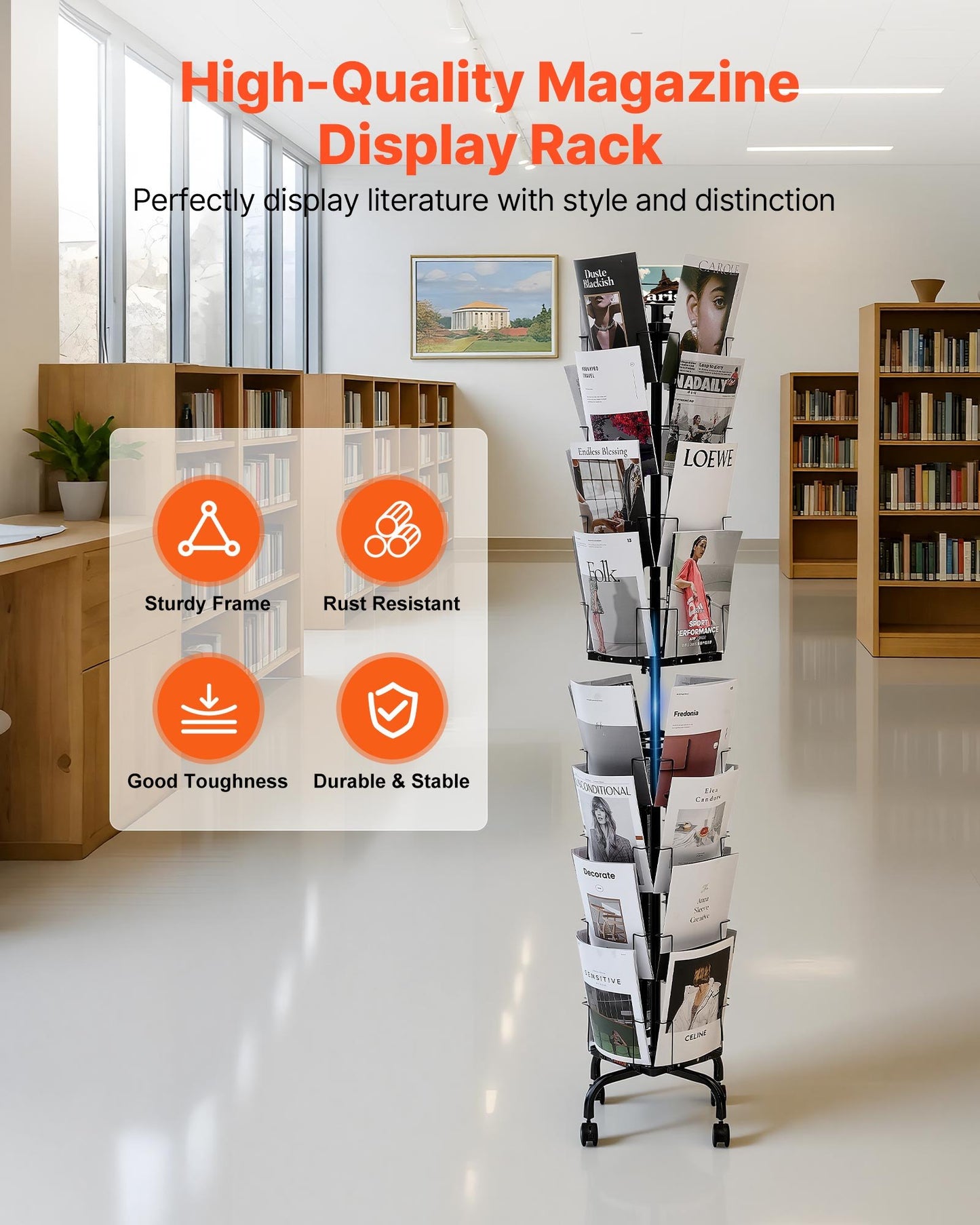 Greeting Cards Display Rack, 32 Pockets Rotating Postcard Brochure Display Stand, 360° Spinning Card Display Rack with Sign Holder & 4 Wheels (2 Lockable) for Exhibitions Office Trade Show