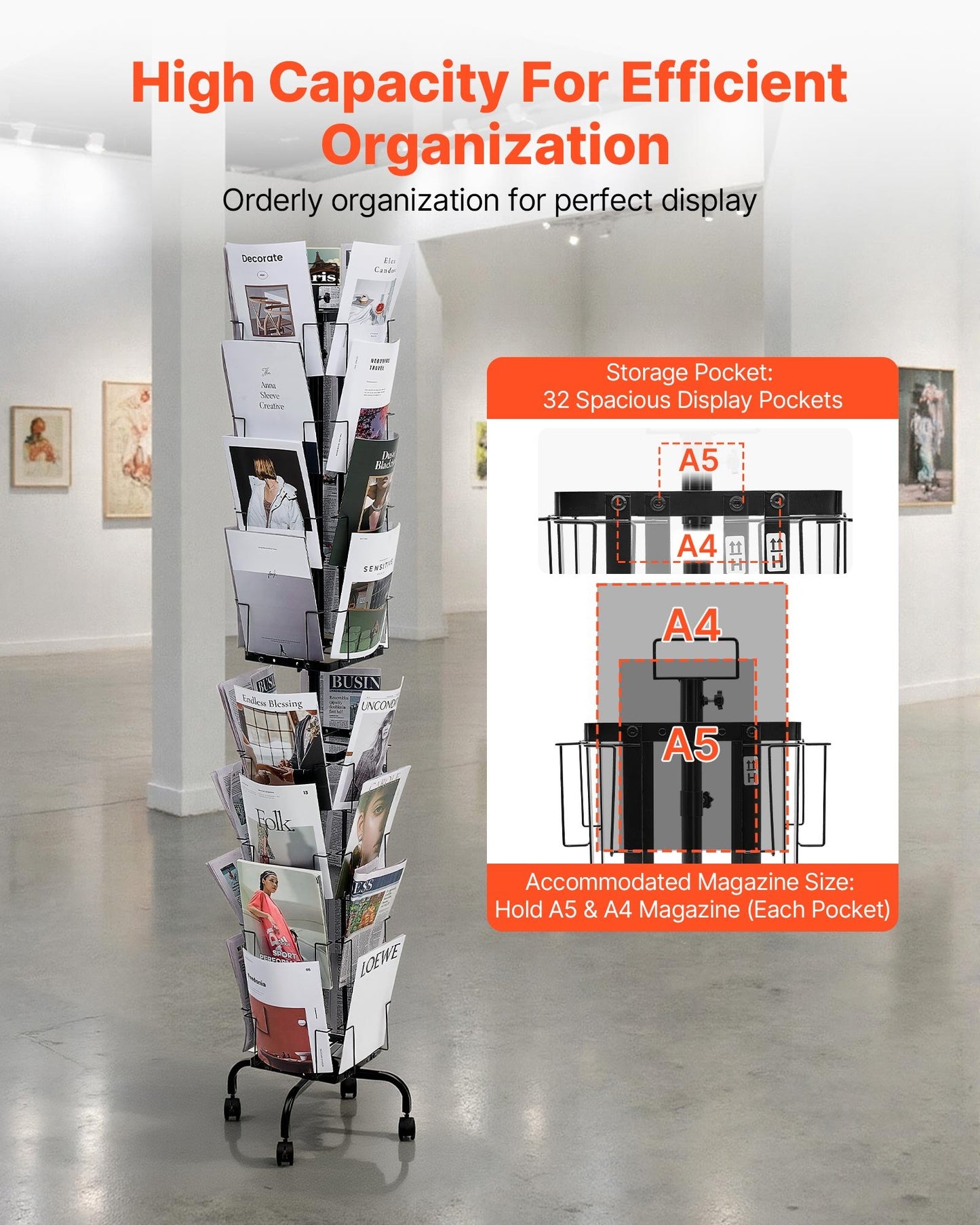 Greeting Cards Display Rack, 32 Pockets Rotating Postcard Brochure Display Stand, 360° Spinning Card Display Rack with Sign Holder & 4 Wheels (2 Lockable) for Exhibitions Office Trade Show
