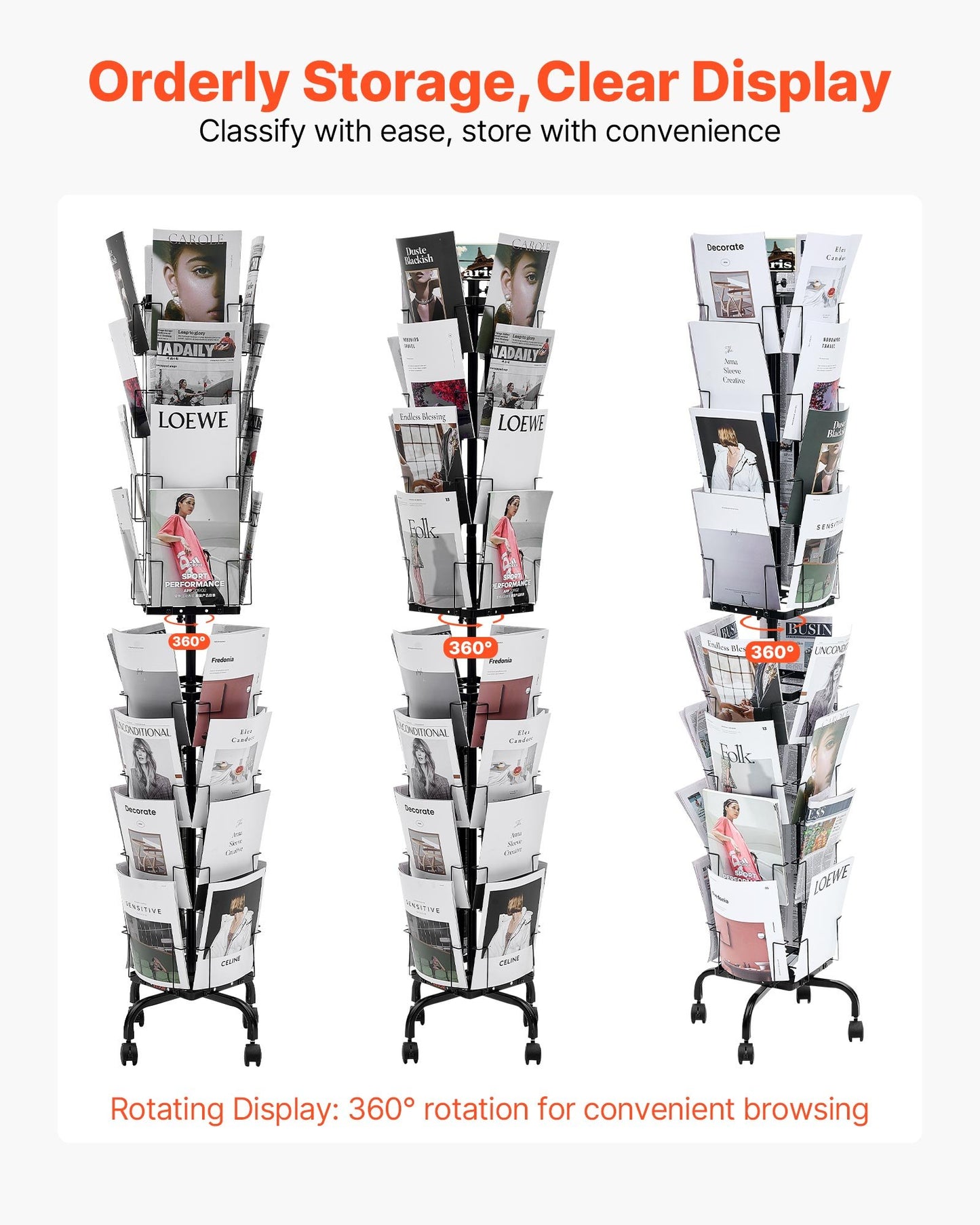 Greeting Cards Display Rack, 32 Pockets Rotating Postcard Brochure Display Stand, 360° Spinning Card Display Rack with Sign Holder & 4 Wheels (2 Lockable) for Exhibitions Office Trade Show