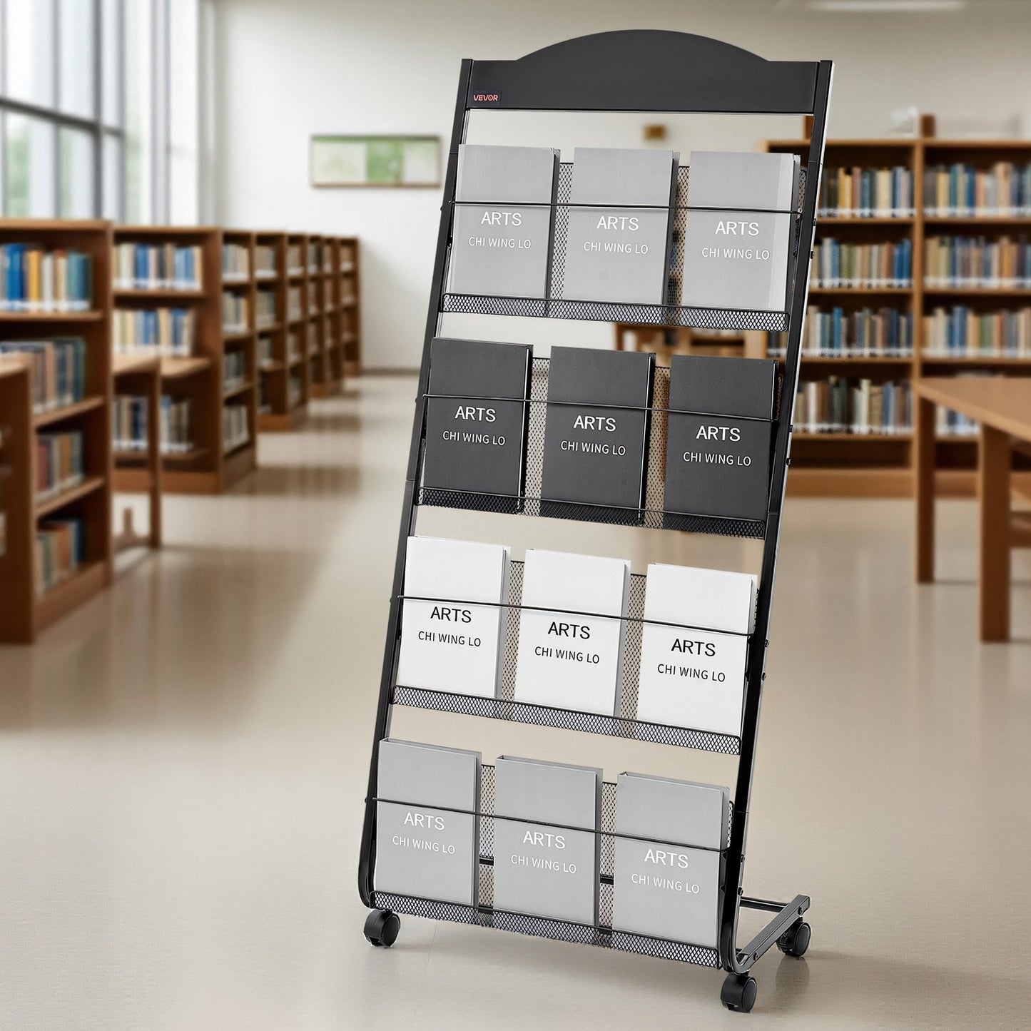 Brochure Display Rack, 4-Tier Magazine Literature Display Stand with Wheels, Movable Floor Standing Magazine Rack, Heavy Duty Newspaper Catalog Holders for Shop Exhibitions Office Craft Fairs