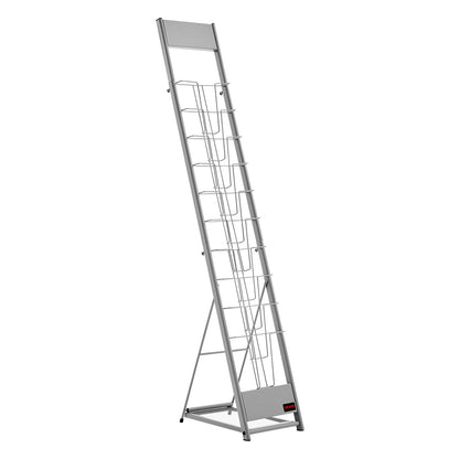 Brochure Display Rack, 10 Pockets Magazine Literature Display Stand, Portable Floor Standing Magazine Rack, Metal Newspaper Catalog Holders for Shop, Exhibitions, Office, Trade Show, Silver