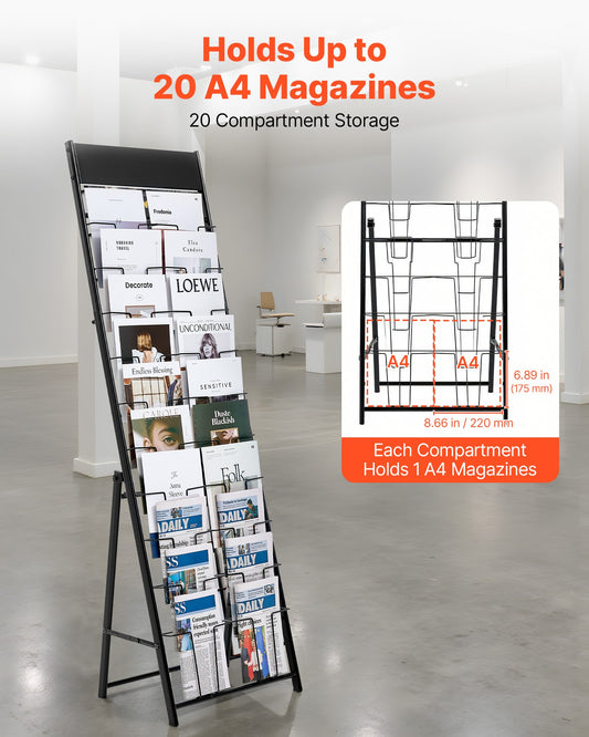 Brochure Display Rack, 20 Pockets Magazine Literature Display Stand, Portable Floor Standing Magazine Rack, Metal Newspaper Catalog Holders for Shop, Exhibitions, Office, Trade Show, Black