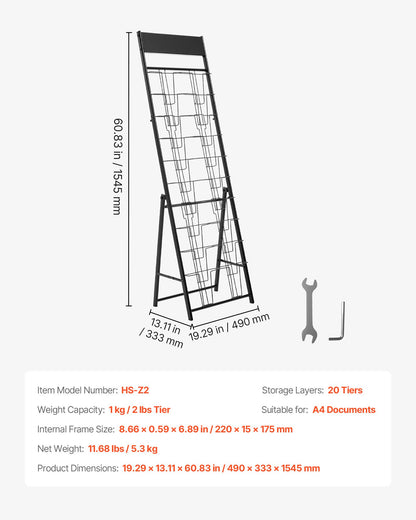 Brochure Display Rack, 20 Pockets Magazine Literature Display Stand, Portable Floor Standing Magazine Rack, Metal Newspaper Catalog Holders for Shop, Exhibitions, Office, Trade Show, Black
