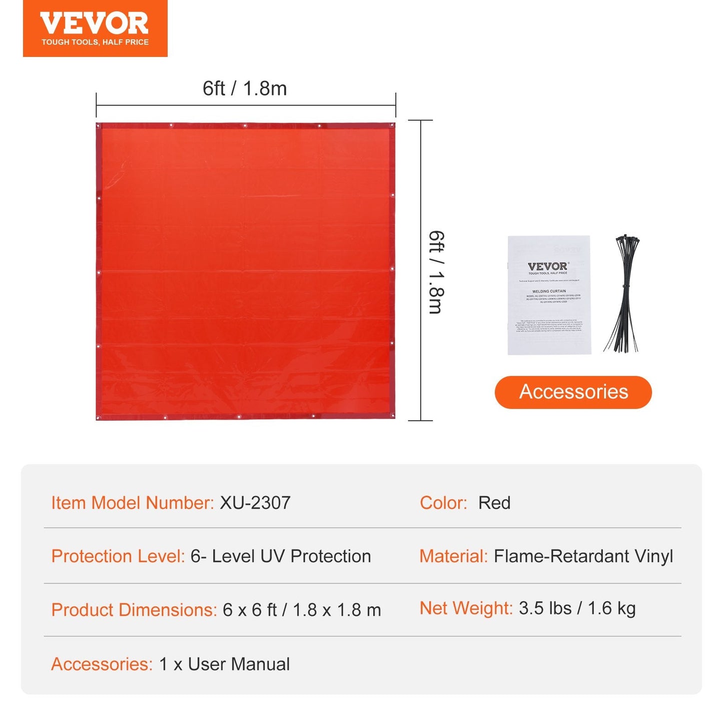 Flame-Resistant Welding Curtain Wall, 1.8 x 1.8m, with UV Protection, Red
