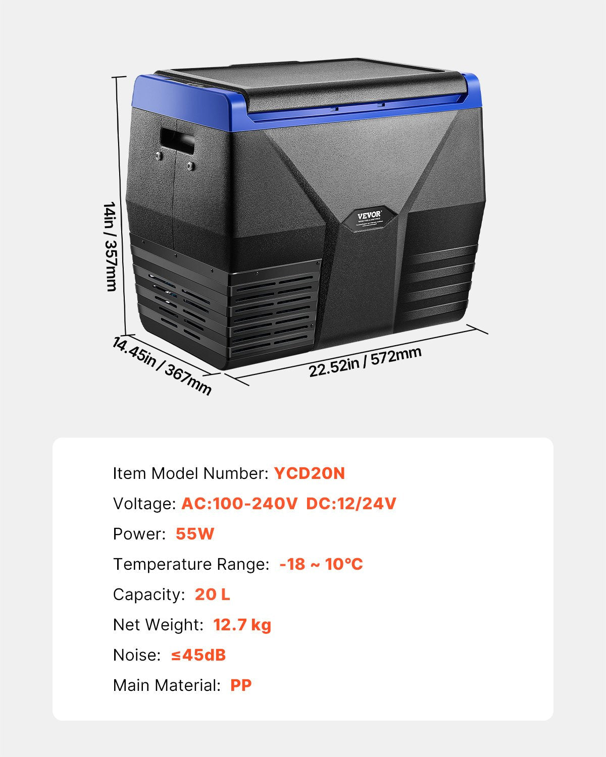 Portable 20L Car/Home Fridge Freezer, Rapid Cooling, -18 to 10℃, 12.7 kg