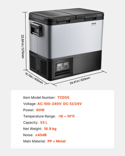 VEVOR Portable Car Refrigerator Freezer Compressor 55L Dual Zone for Car Home